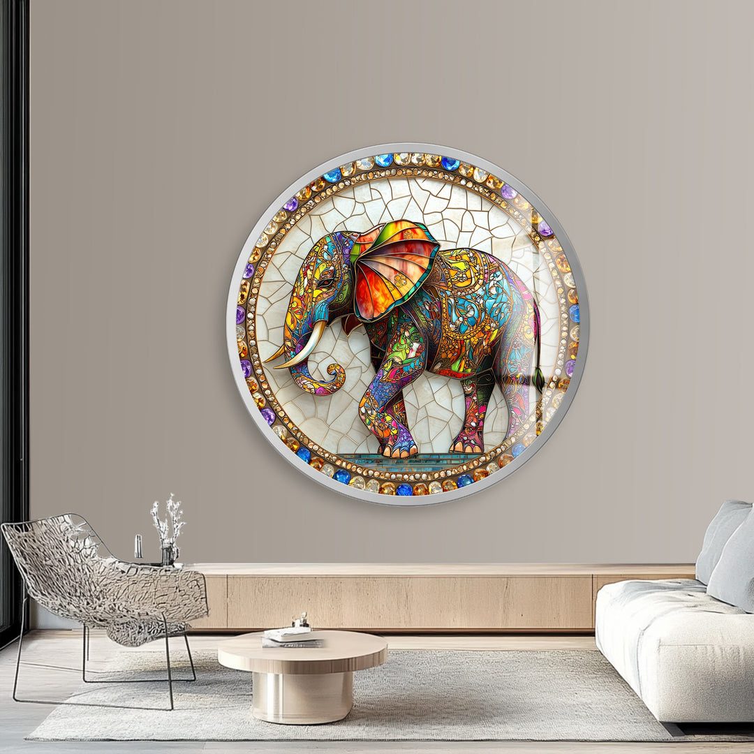 Regal Mosaic Elephant – Round Glass Wall Art