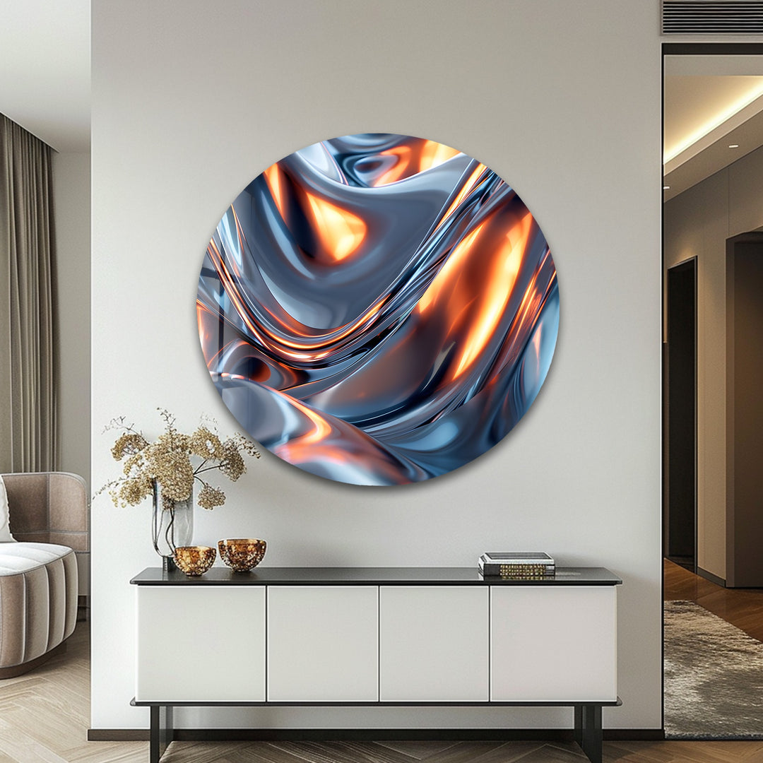 Solar Chrome Surge – Abstract Silver & Ember Flow Glass Wall Art