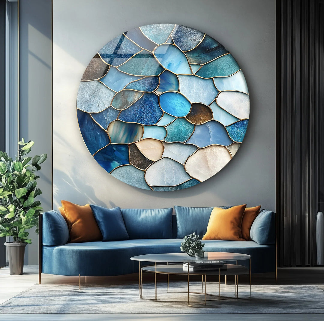 Coastal Blue Stone Mosaic Round Glass Wall Art - MyPhotoStation
