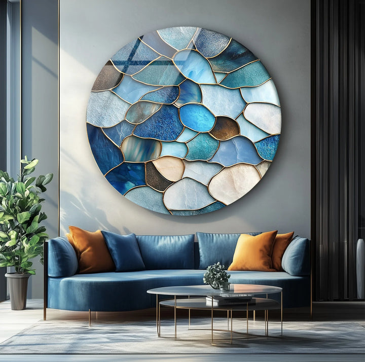 Coastal Blue Stone Mosaic Round Glass Wall Art - MyPhotoStation
