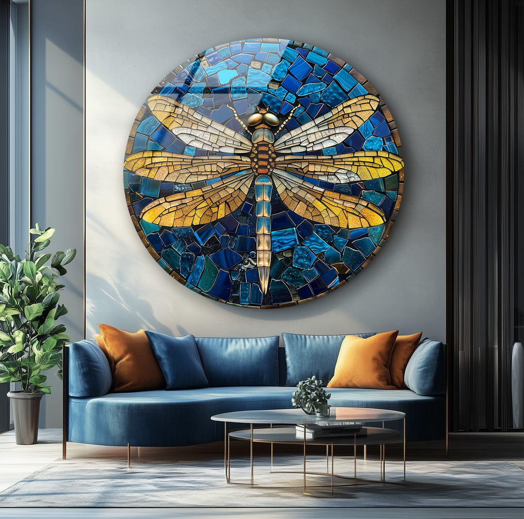Golden Dragonfly – Blue Mosaic Round Glass Wall Art