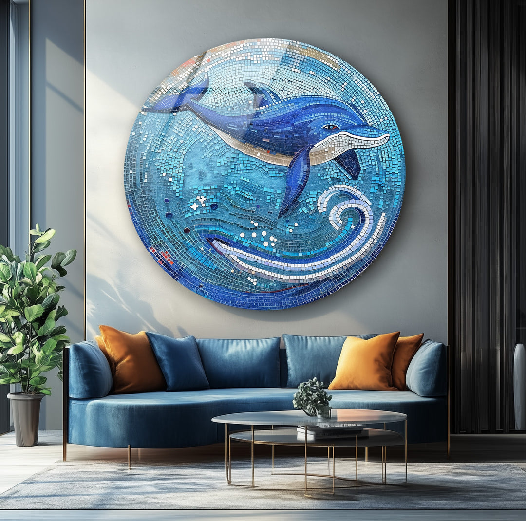 Ocean Harmony – Coastal Dolphin Mosaic Blue Glass Wall Art