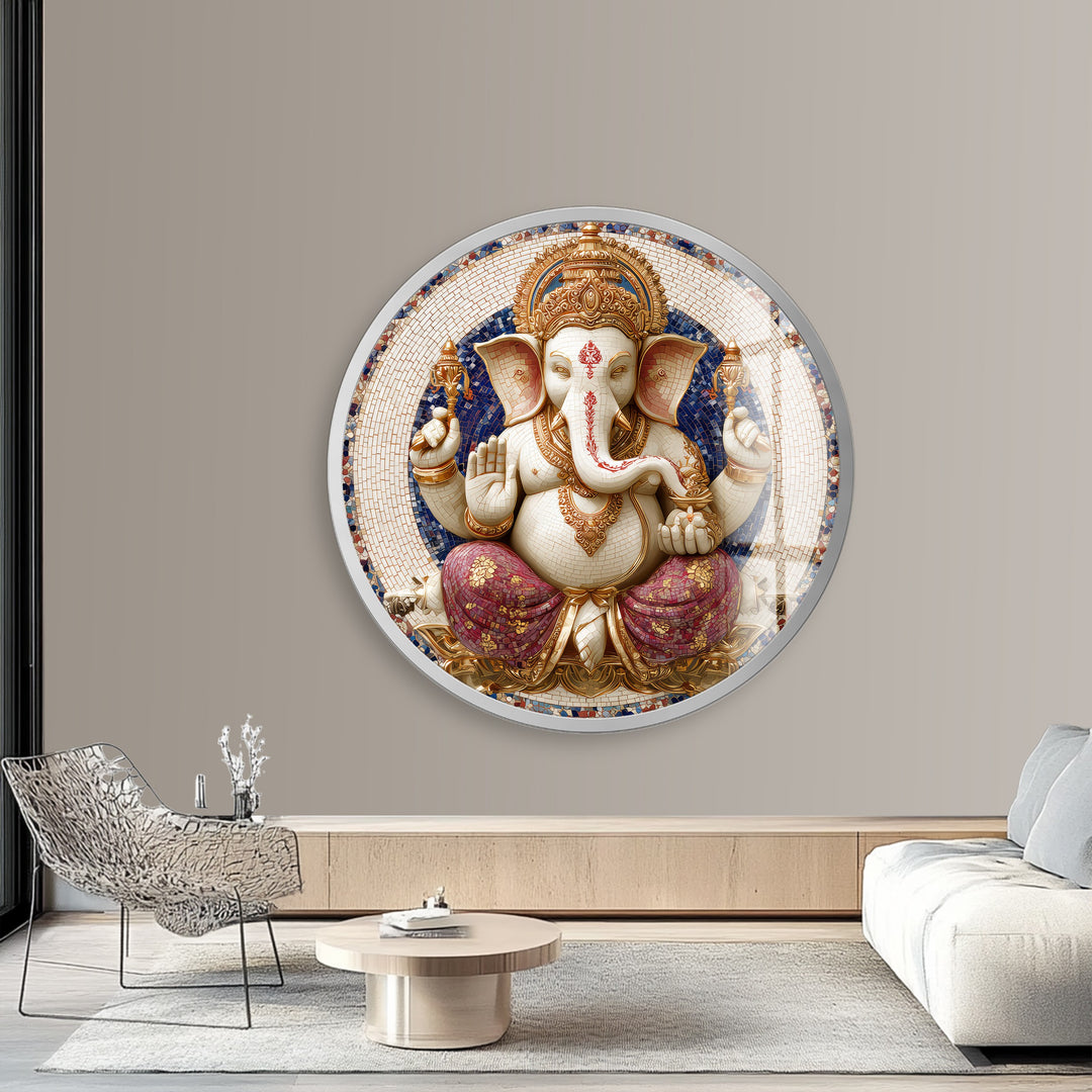 Golden Grace Ganesha – Round Glass Wall Art