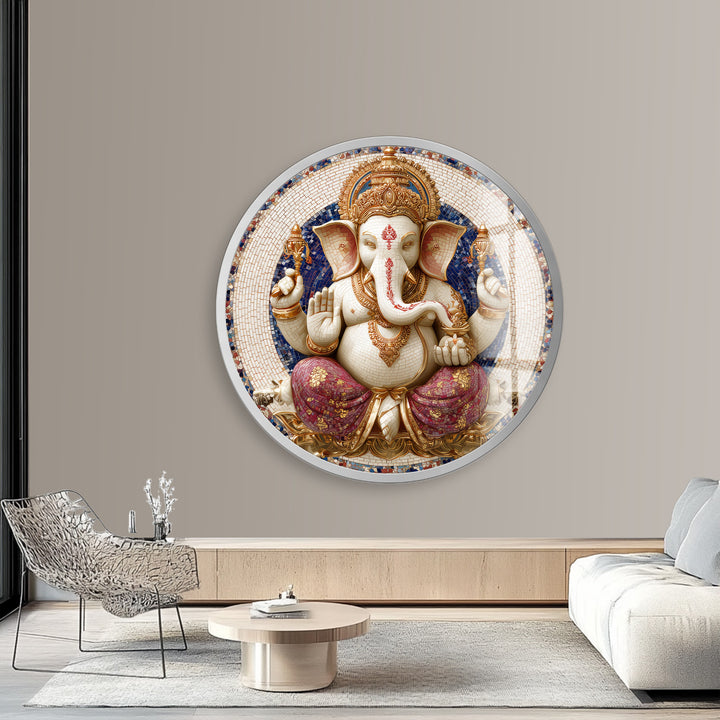 Golden Grace Ganesha – Round Glass Wall Art