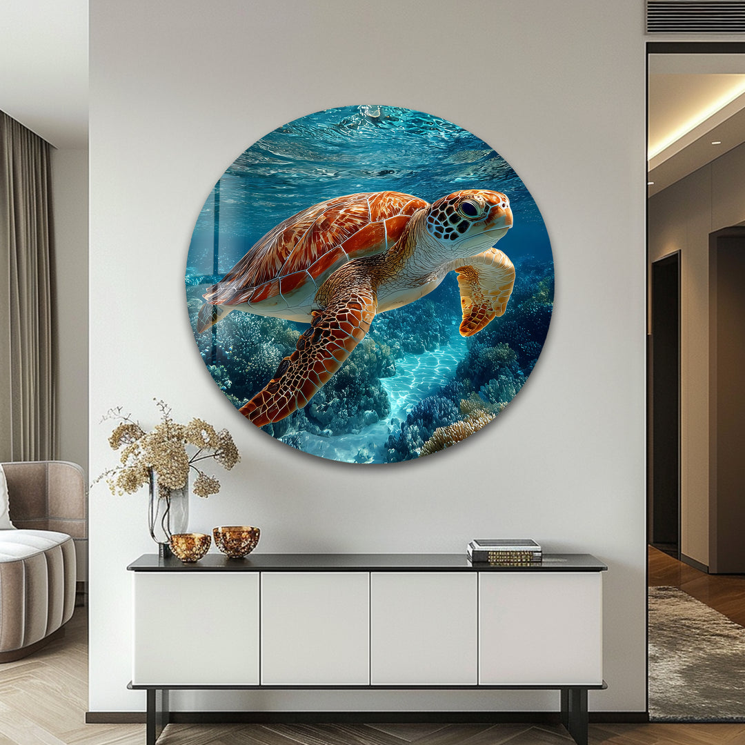 Graceful Voyager – Sea Turtle Underwater Glass Wall Art