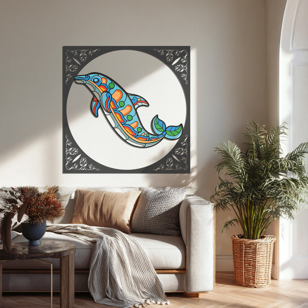 Ocean-inspired dolphin artwork with decorative frame