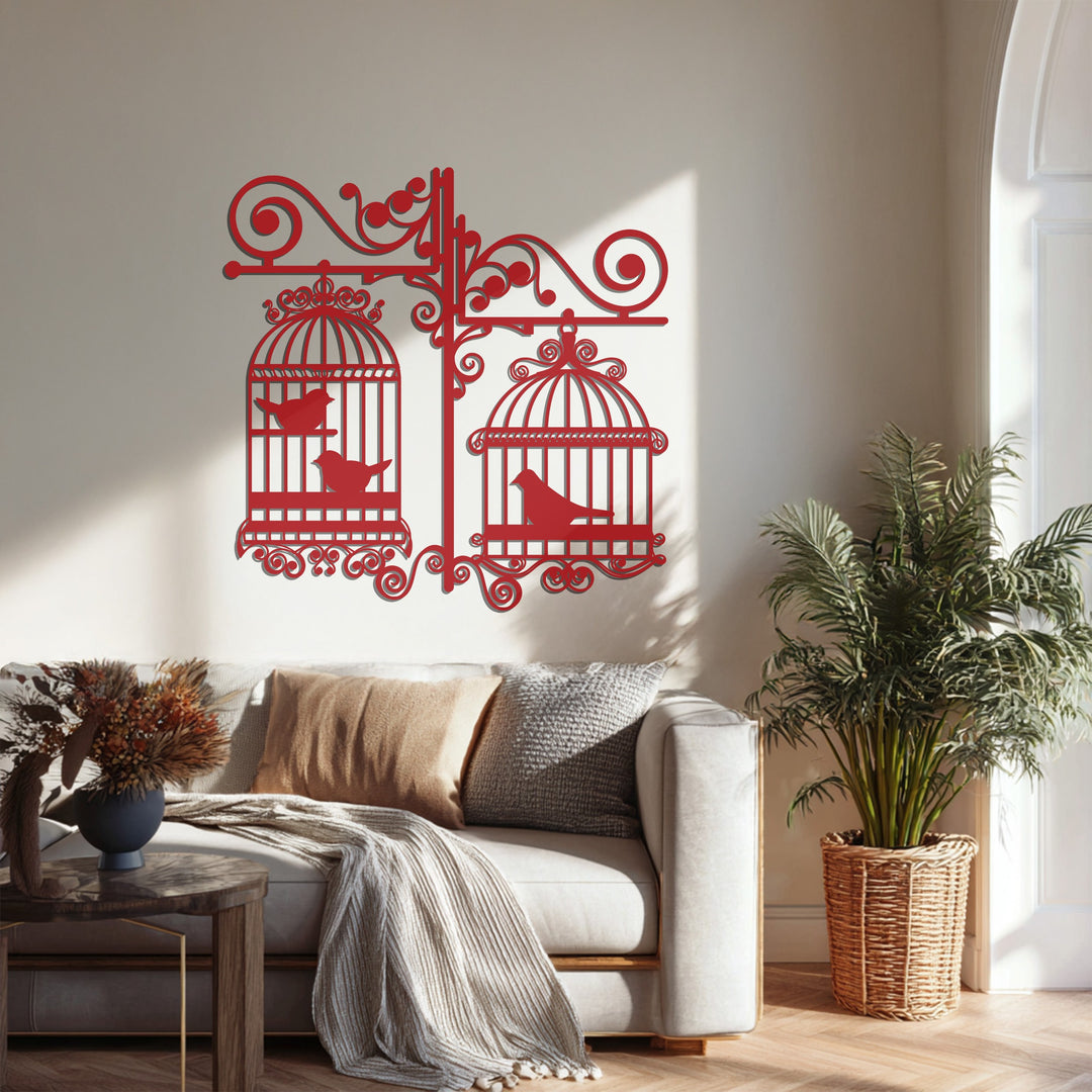 طيور مغردة من العصر الفيكتوري – قفص طيور مزخرف فن جداري معدني