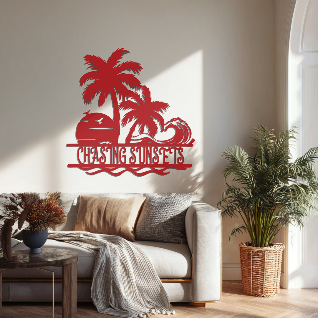 Chasing Sunsets Metal Wall Art – Palm Tree & Ocean Wave Design