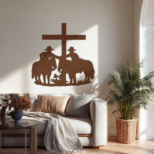 Detailed edge and borders highlight the cowboys and cross design in this decorative metal art, creating a captivating silhouette for faith-inspired home décor.