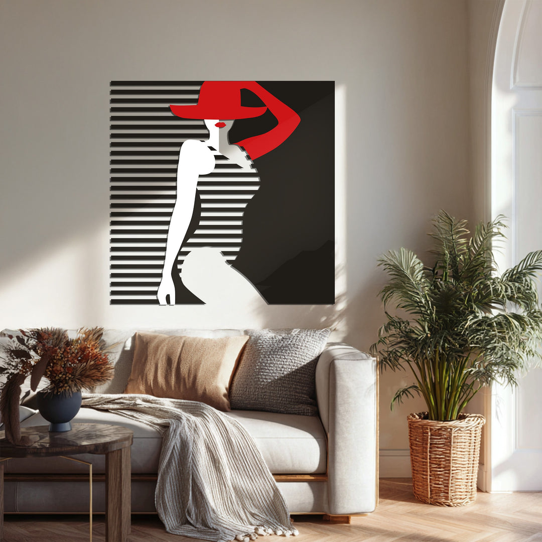 Lady in Red Hat Metal Wall Art – Elegant Minimalist Modern Decor