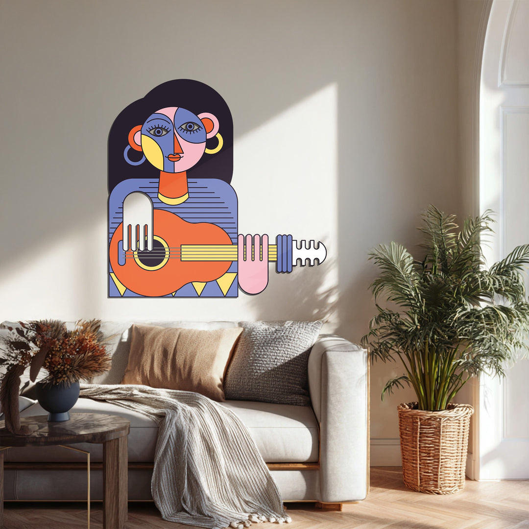 Colorful geometric woman with guitar metal artwork