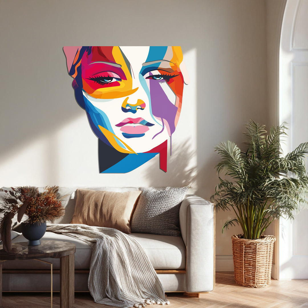 Colorful Abstract Woman Face Metal Wall Art – Modern Pop Art Home Decor