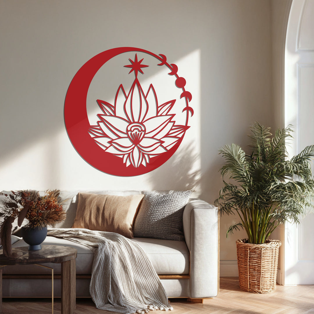 Lunar Blossom – Moon and Lotus Flower Metal Wall Art