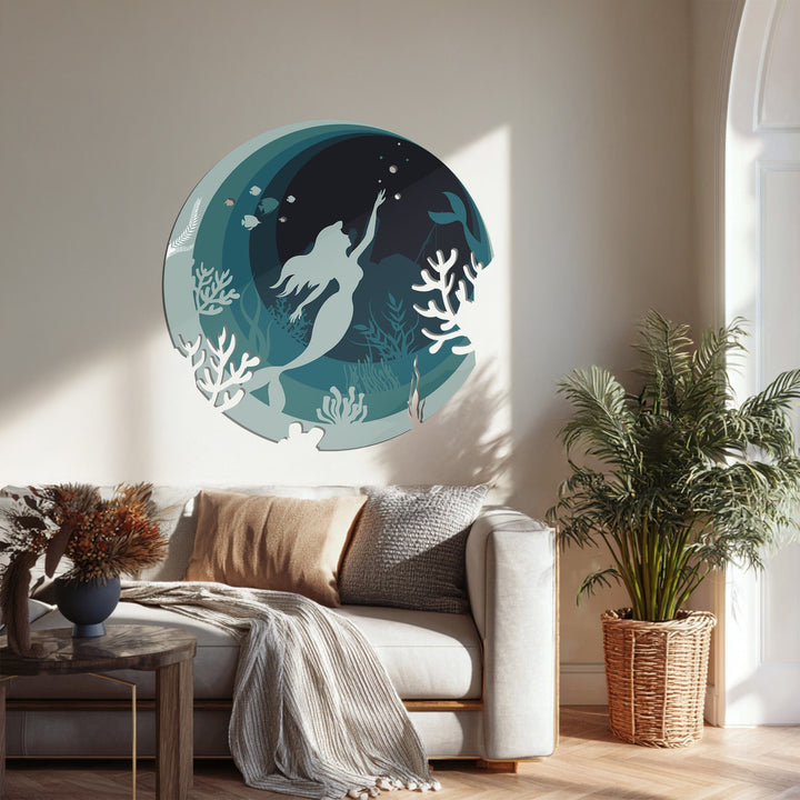 Modern coastal metal artwork featuring swimming mermaid