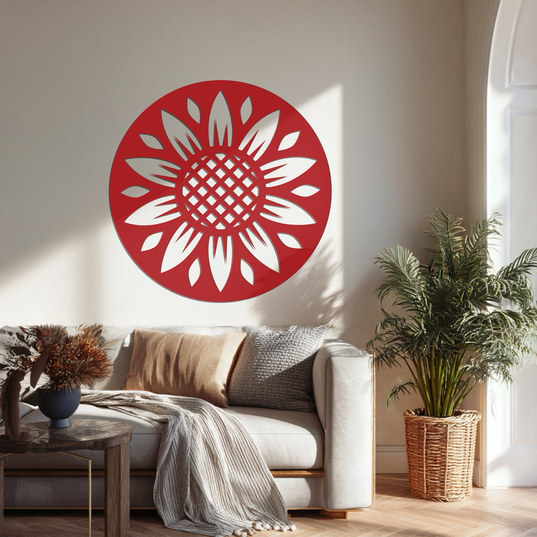 Sunlight illuminates the white wall surrounding the red sunflower pattern round black metal wall art, a modern piece of metal wall decor.