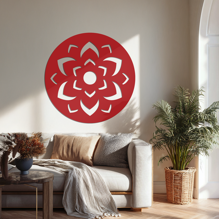 Sun-drenched beige walls and a herringbone-patterned floor create a neutral backdrop for this striking lotus mandala pattern round black metal wall decor.