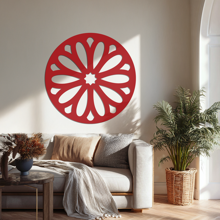 Highlighting the layering effect, this minimal floral burst round showcases decorative metal art that casts dramatic shadows against the beige wall.