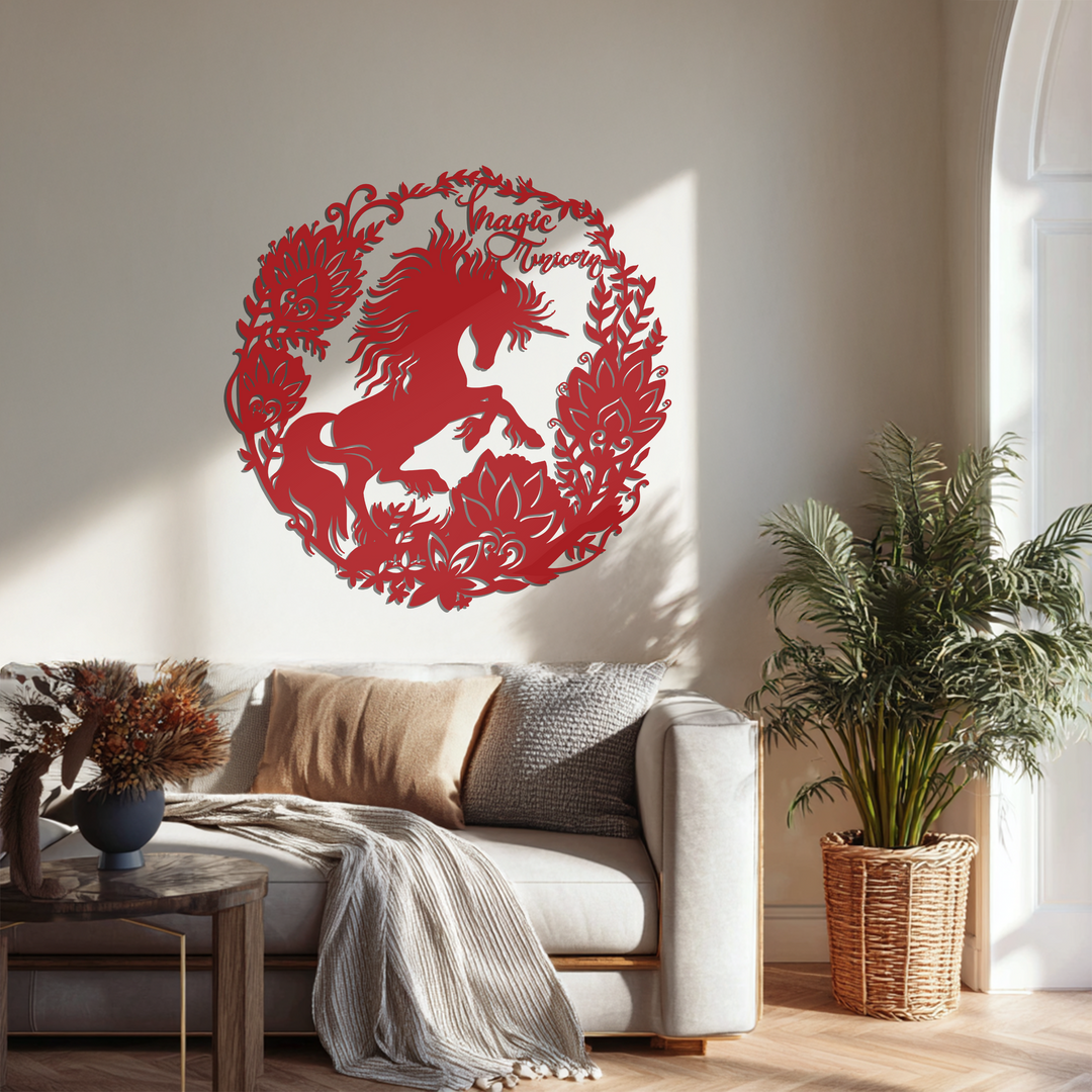 Textured metal wall decor features a red magic unicorn and floral wreath, adding dimensional surface interest to interior designs.