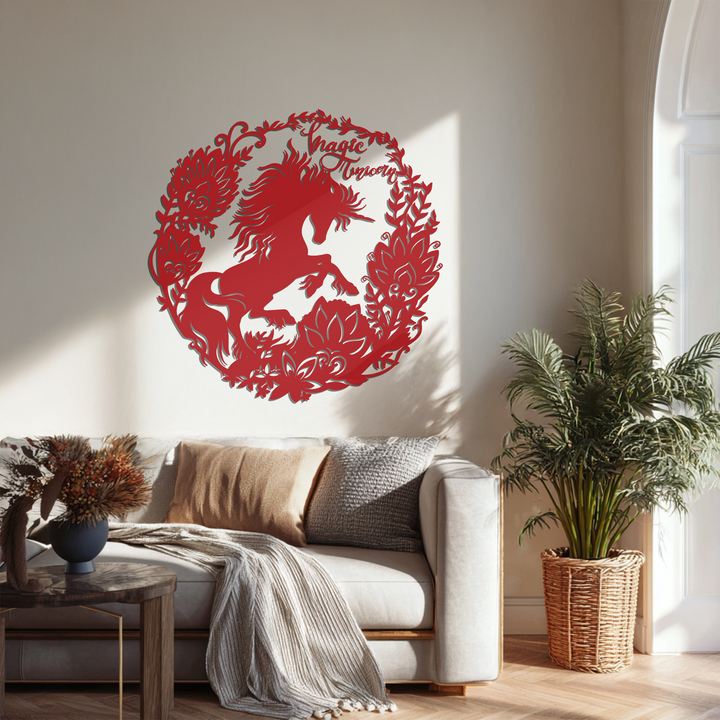 Textured metal wall decor features a red magic unicorn and floral wreath, adding dimensional surface interest to interior designs.