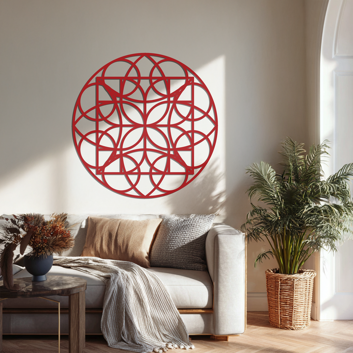 Whirling geometric circle grid metal artwork design suggests a dynamic, flowing movement, creating an energetic focal point on the wall.