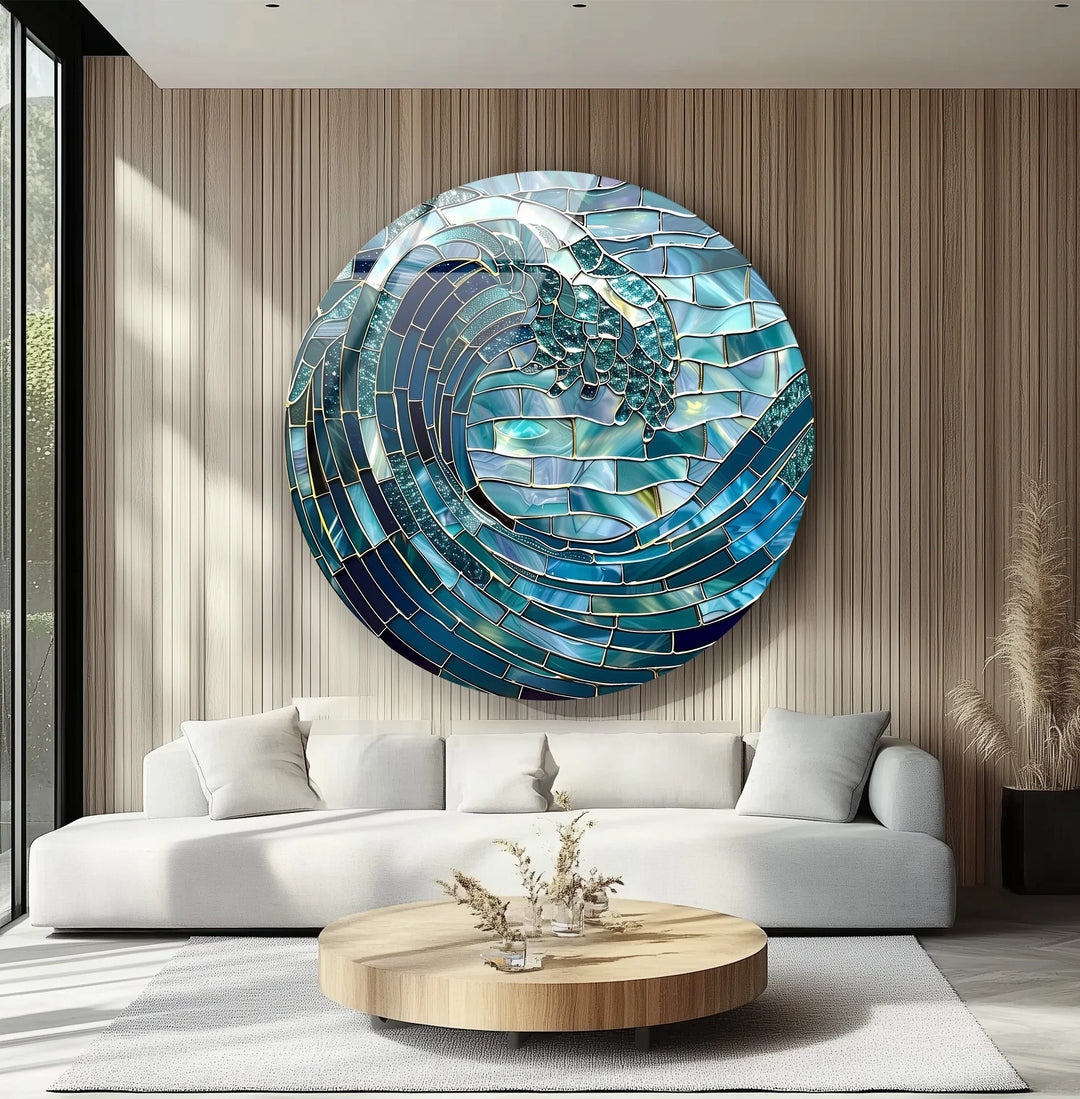 Ocean Wave in Blue Mosaic Round Glass Wall Art - MyPhotoStation