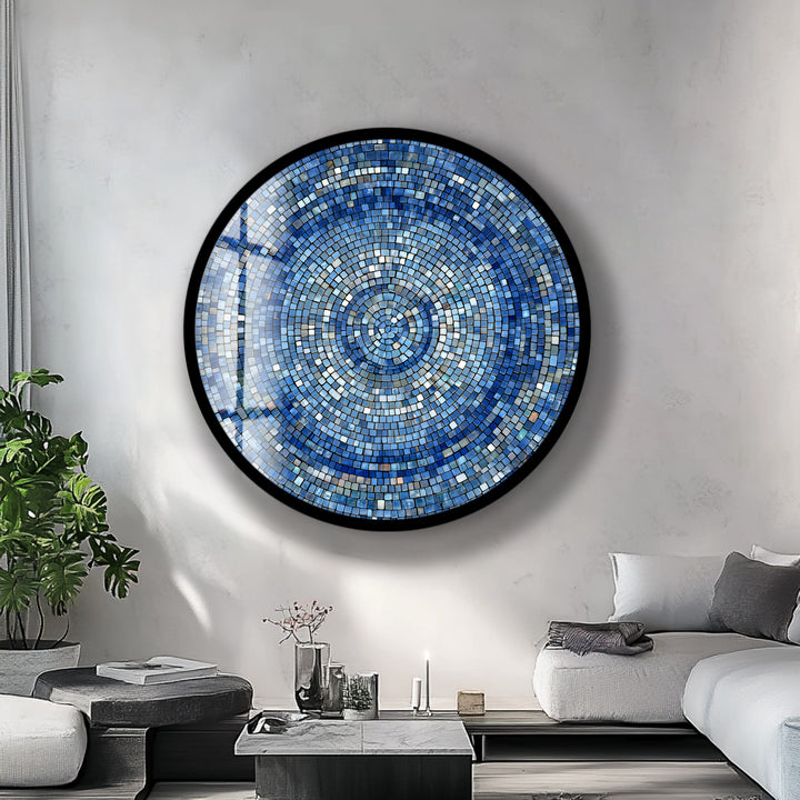 Celestial Blue Mosaic – Round Glass Wall Art