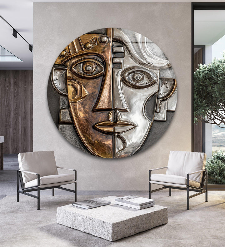 Dual Tone Abstract Face – Metallic Cubist Round Glass Wall Art - MyPhotoStation