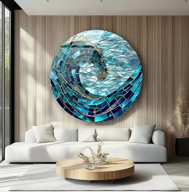 Golden Crest Wave Mosaic Round Glass Wall Art - MyPhotoStation