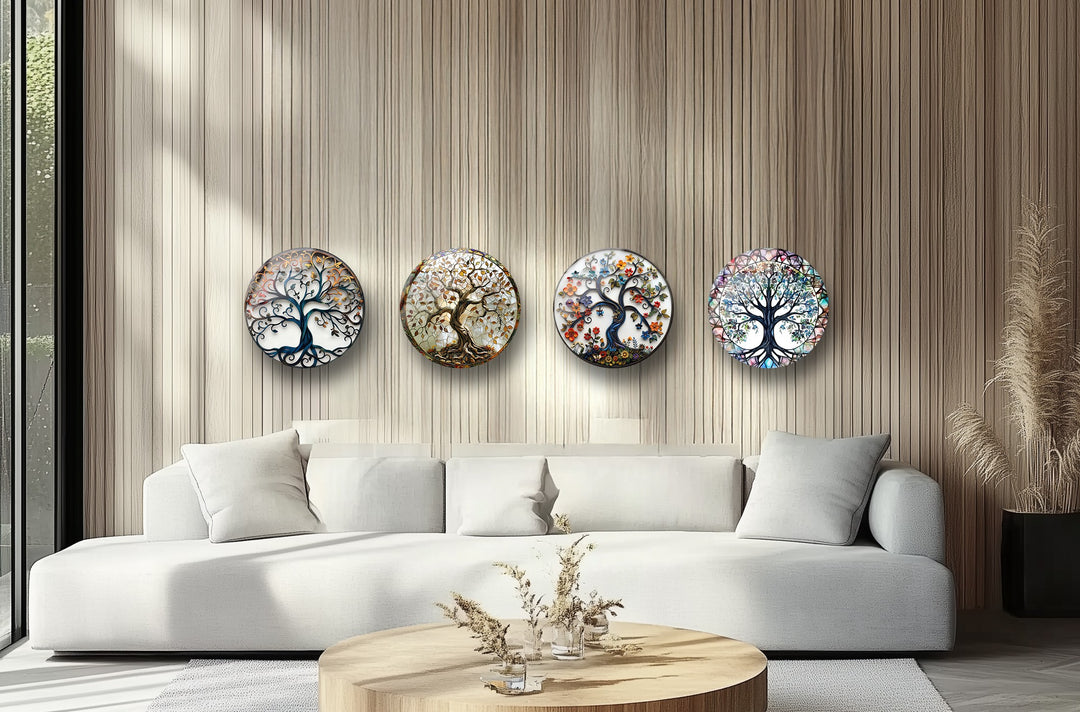 Mosaic Tree of Life round glass wall art set