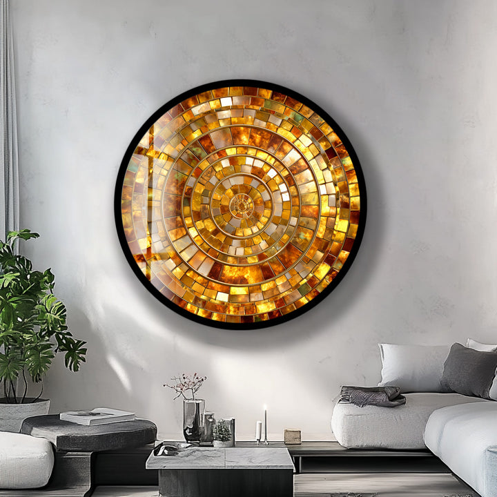 Golden Spiral Radiance – Gold Round Glass Wall Art