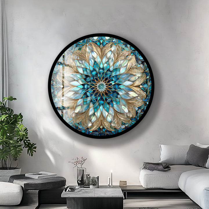 Celestial Bloom Mandala – Round Glass Wall Art