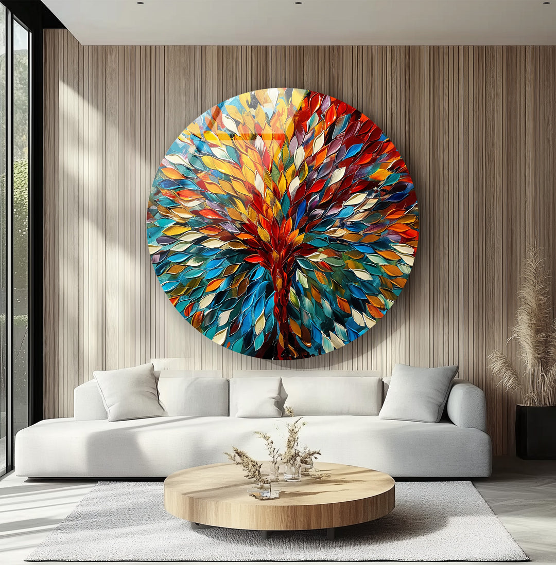 Eternal Bloom – Vibrant Tree of Life Round Glass Wall Art