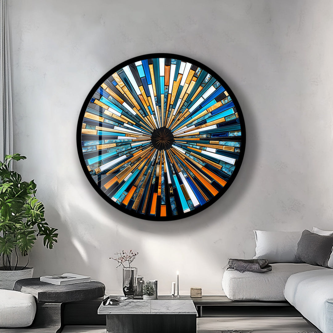 Solar Flare – Blue and Gold Geometric Mosaic Round Glass Wall Art