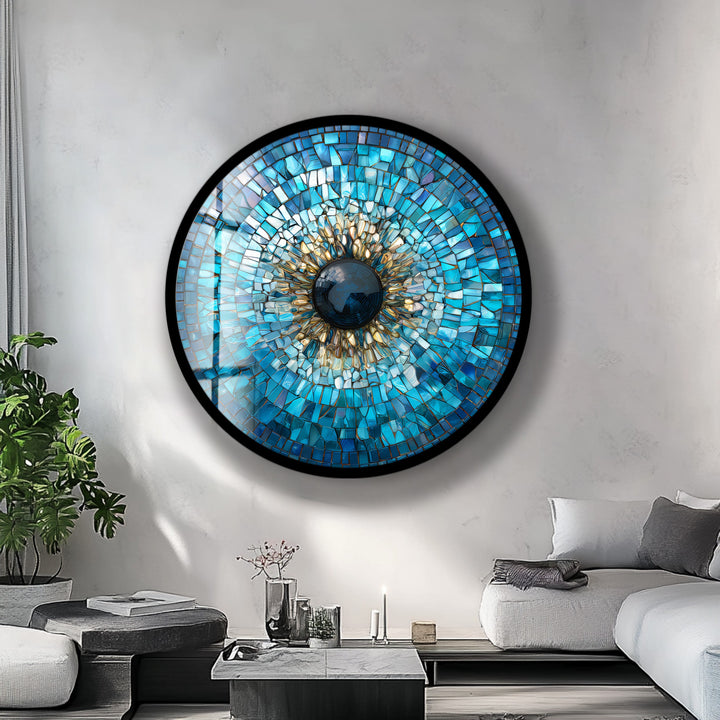 Golden Blue Mosaic Evil Eye – Round Glass Wall Art