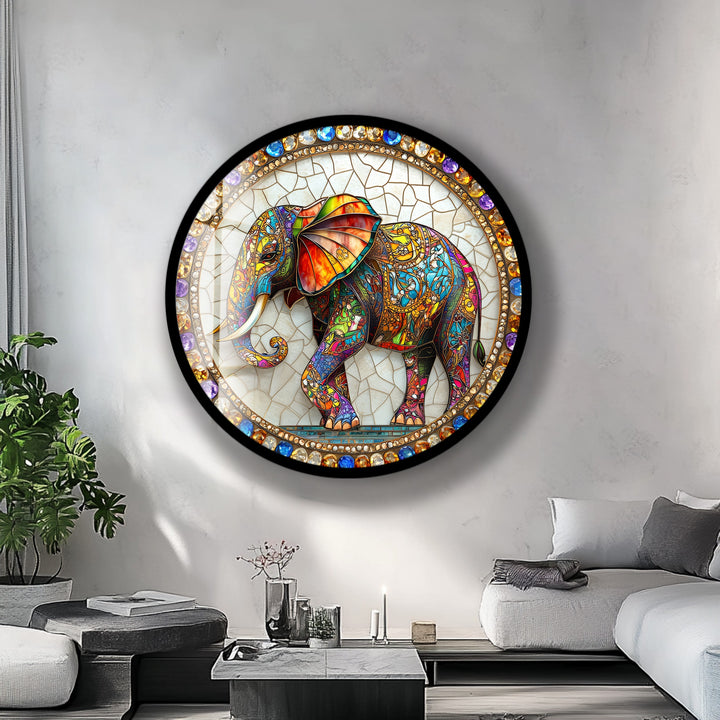 Regal Mosaic Elephant – Round Glass Wall Art