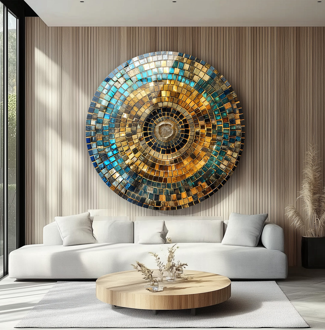 Golden Horizon – Mosaic Circle Round Glass Wall Art