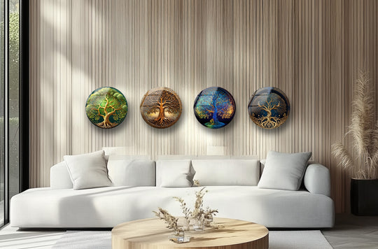 Glossy surface texture highlights the radiant colors within this tree of life round glass art set, showcasing stunning spiritual nature-inspired glass art.
