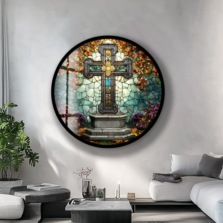 Stained Glass Cross Garden Scene – Round Glass Wall Art