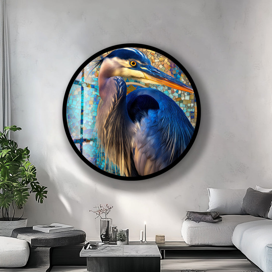 Azure Watchful Heron – Round Glass Wall Art