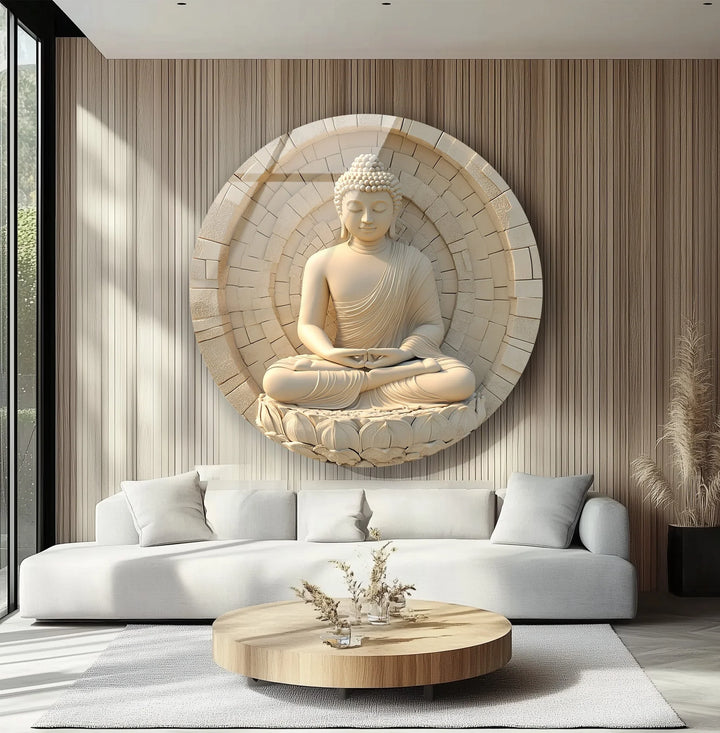 Serene White Buddha in Lotus – Round Glass Wall Art - MyPhotoStation