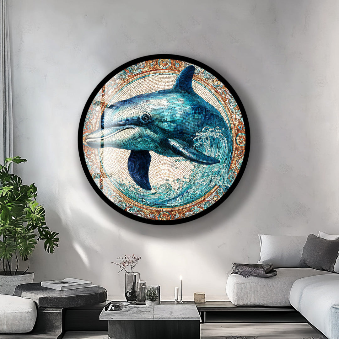 Cerulean Joy Dolphin – Round Glass Wall Art