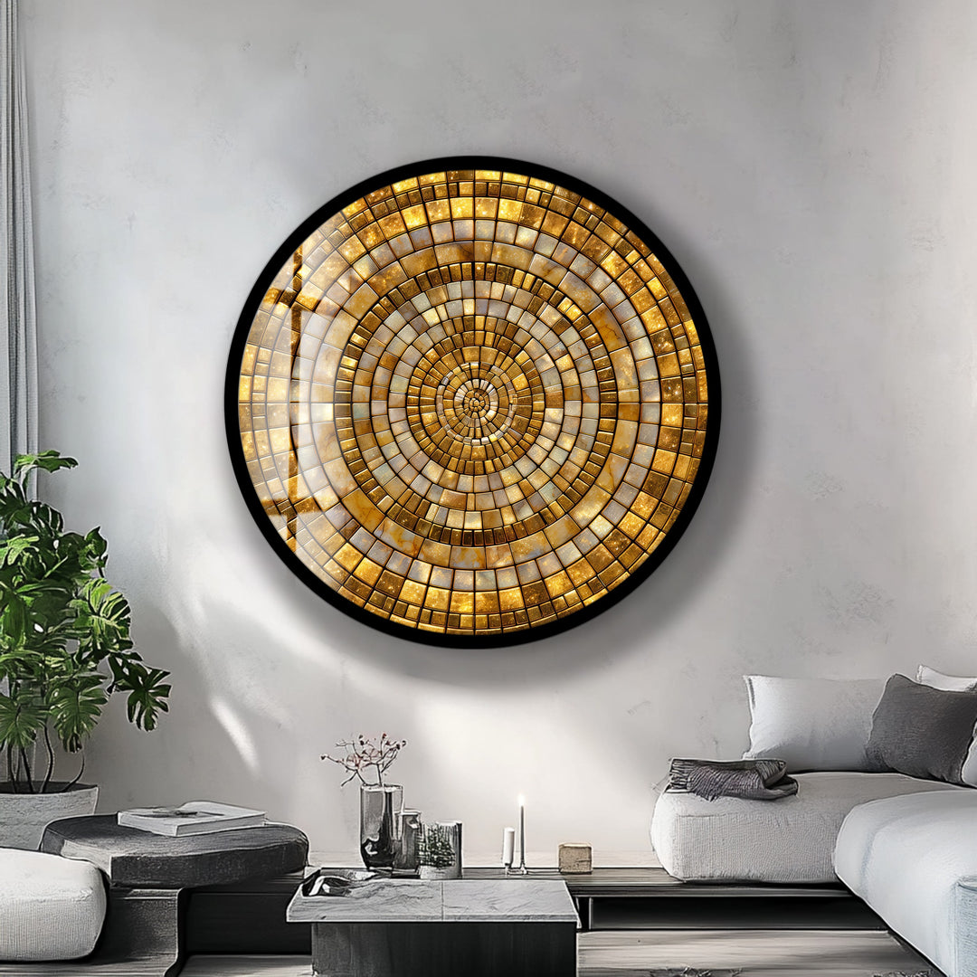 Golden Shimmering Mosaic – Round Glass Wall Art