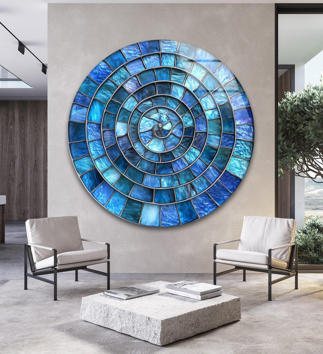 Blue Aqua Spiral Harmony – Round Glass Wall Art - MyPhotoStation
