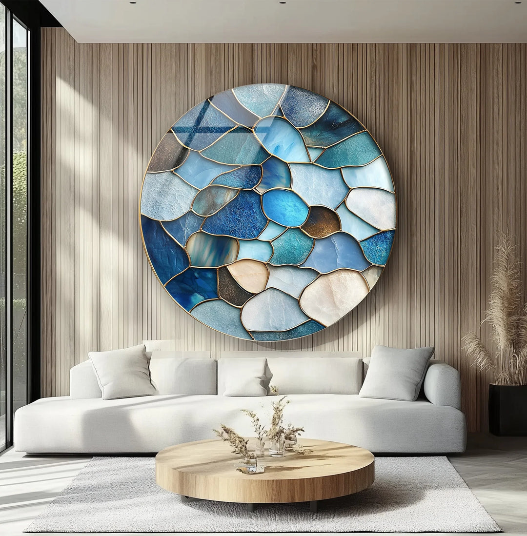 Coastal Blue Stone Mosaic Round Glass Wall Art - MyPhotoStation