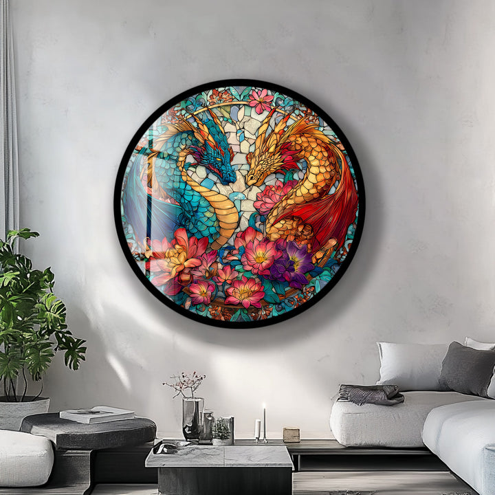 Dual Dragon Stained – Round Glass Wall Art