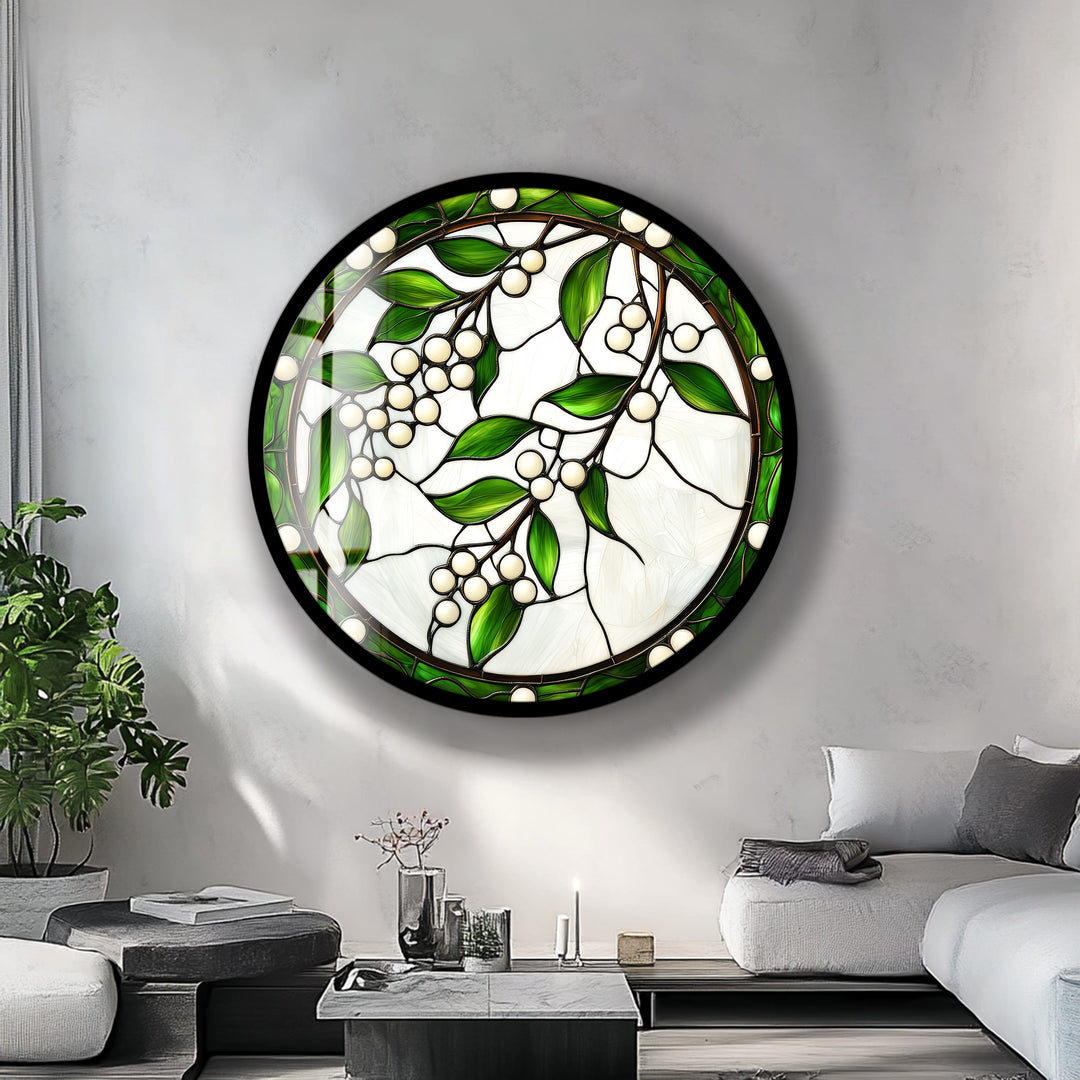 Emerald Berry Vines – Round Glass Wall Art