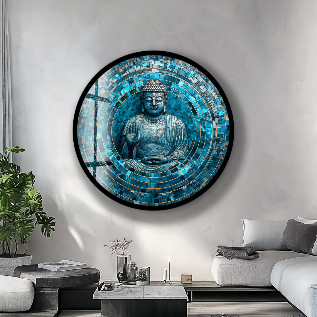 Tranquil Mosaic Buddha – Round Glass Wall Art