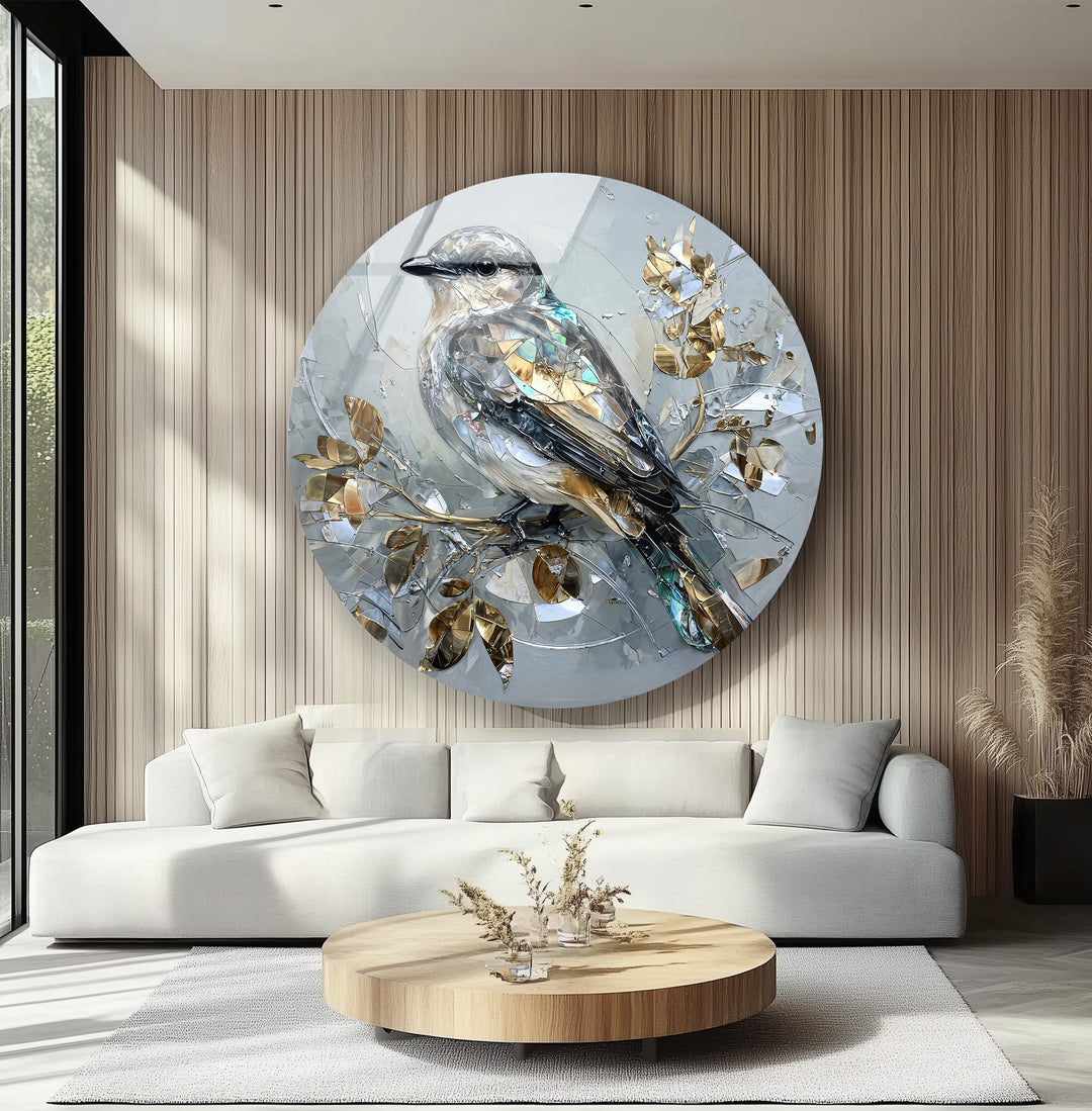 Golden Serenity – Crystal Bird Round Glass Wall Art