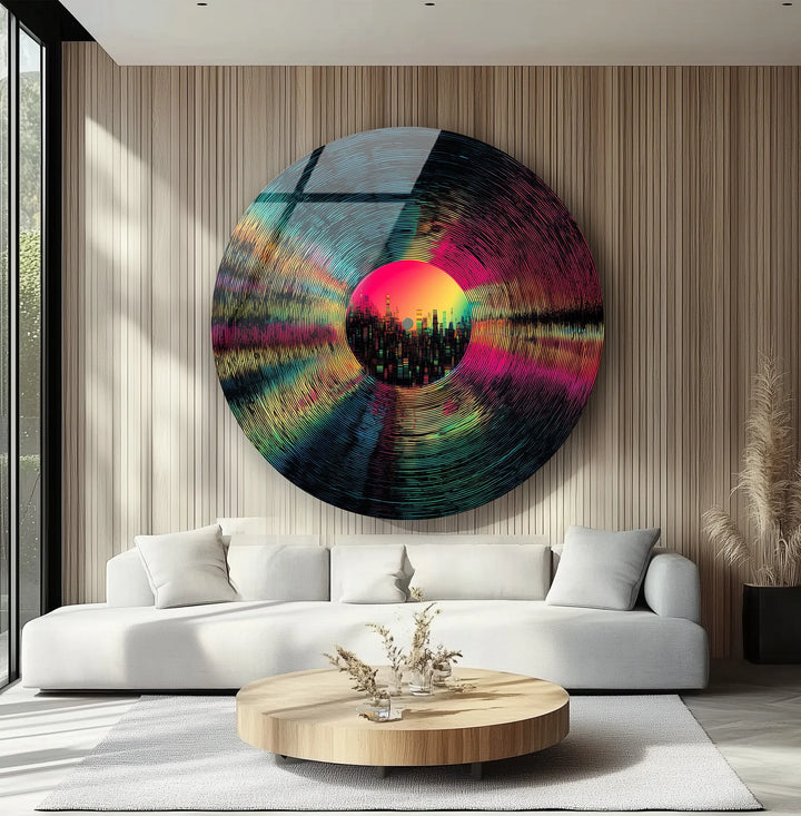 Neon Vinyl Cityscape – Round Glass Wall Art - MyPhotoStation