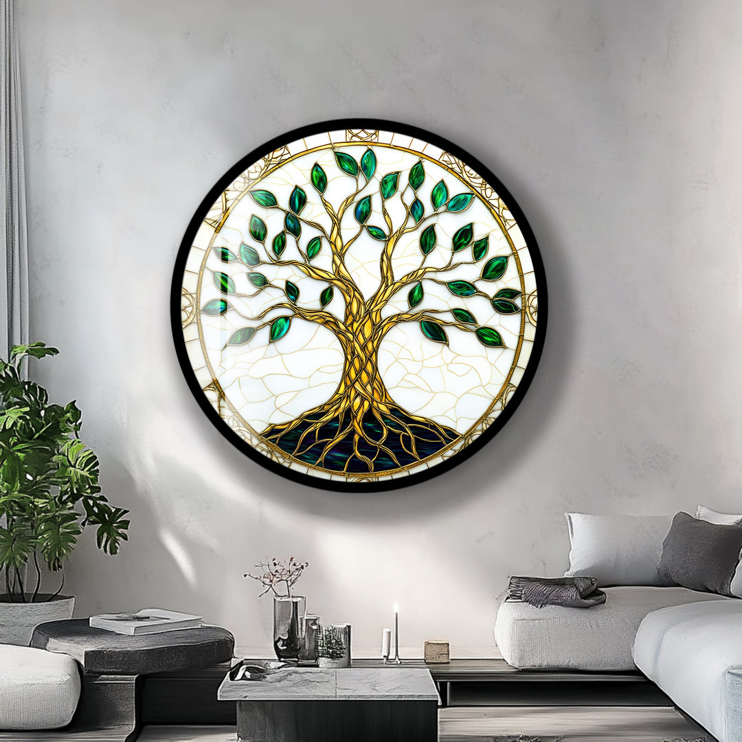 Golden Roots of Harmony – Round Glass Wall Art